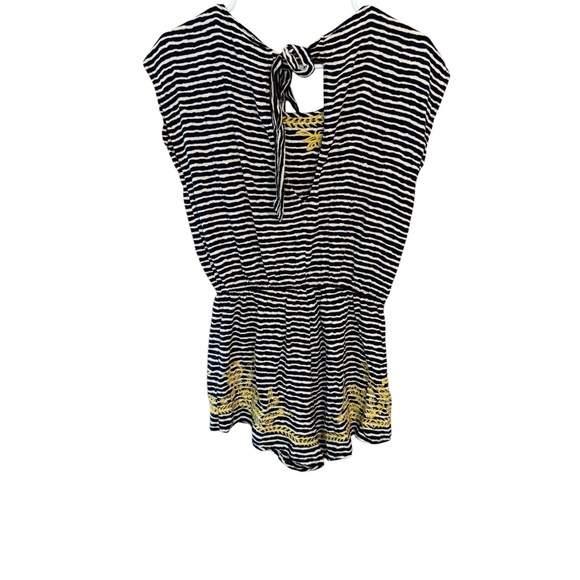Women’s Navy White Striped Embroidered Romper | Yellow Floral Detail | Boho - Picture 3 of 3